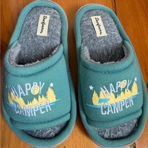 Kids Dearfoams Teal Slip-On 'Happy Camper' Slide Slippers with Gray Lining